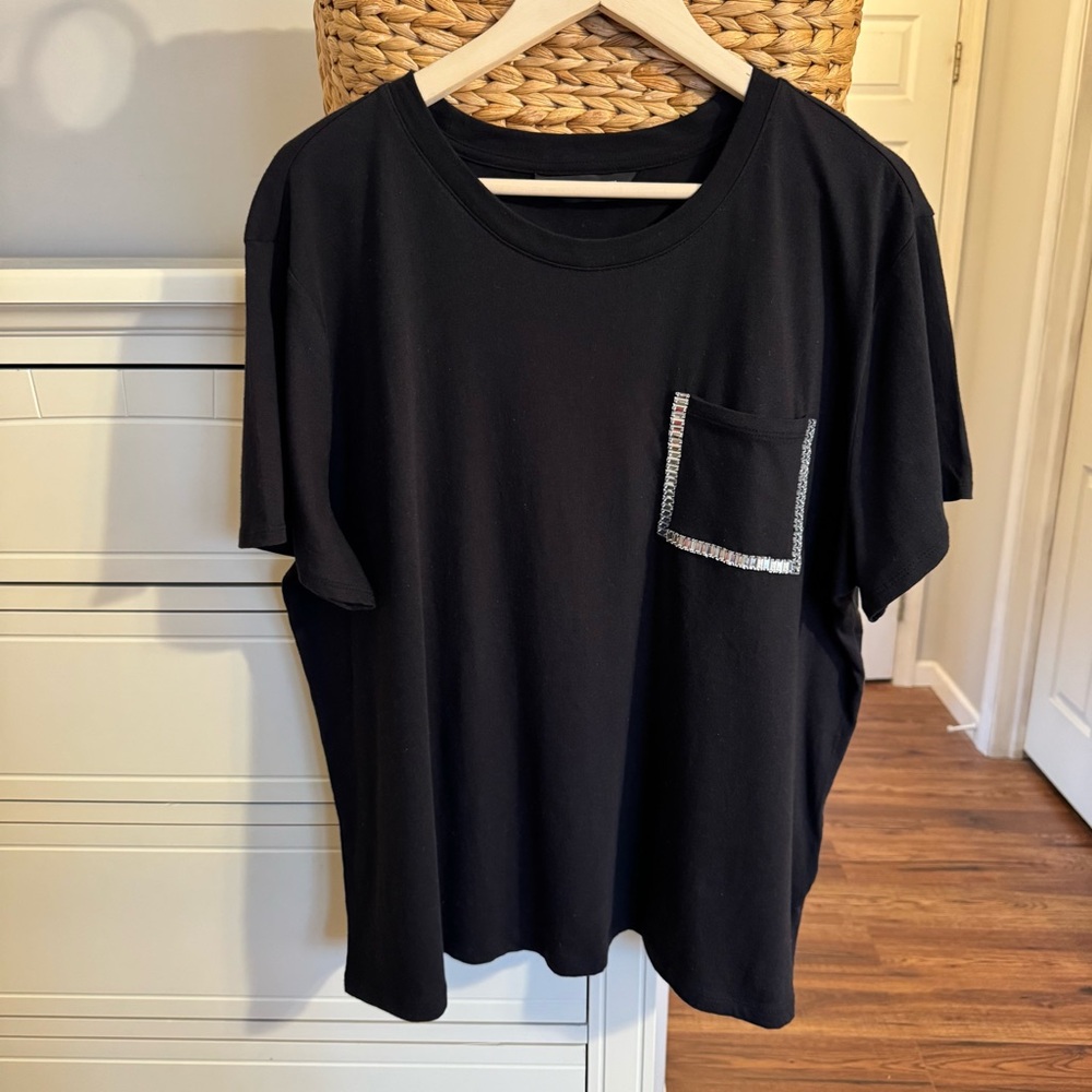 Black Pocket T Shirt Rhinestone Trim Short Sleeve Casual Tee Sparkle Detail Top